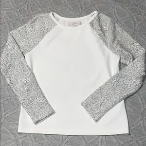 Loft Black & White Sweater with Woven Sleeves